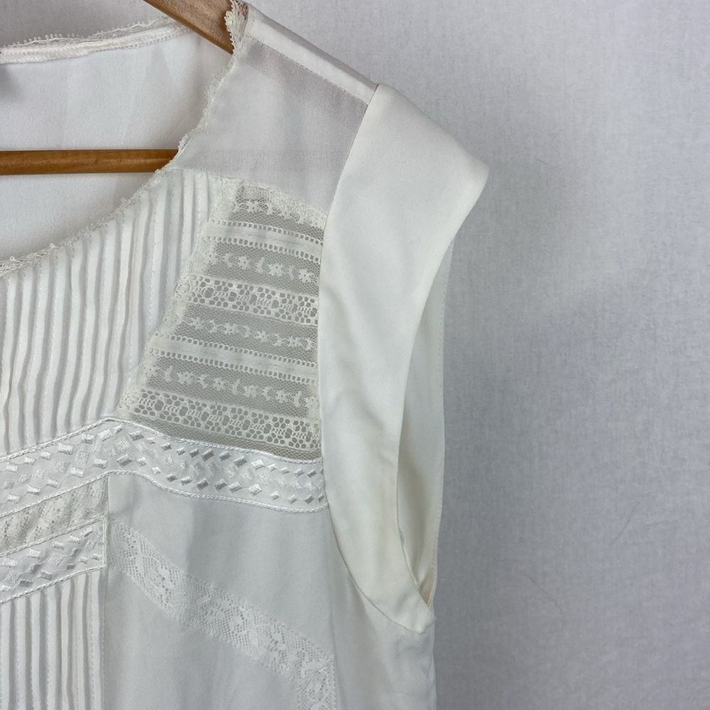Sam Edelman Ivory Lace Trim Pleat Front Short Sleeve Blouse Top L - Picture 4 of 7
